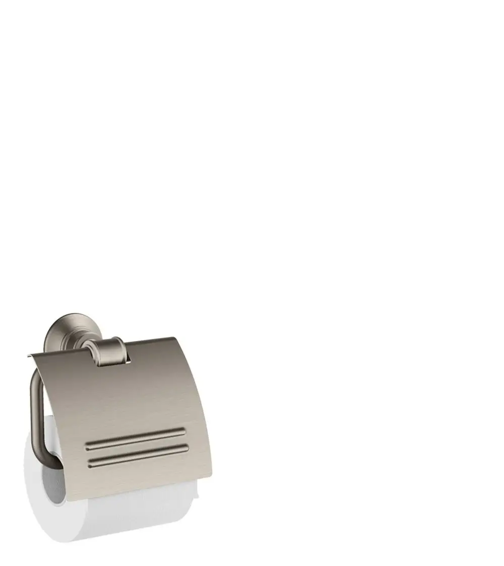 Edelstahlhalter für Toilettenpapier mit Deckel, angebracht an einer Wand. Von der Marke AXOR, zeigt ein minimalistisches Design mit praktischem Halteclip.